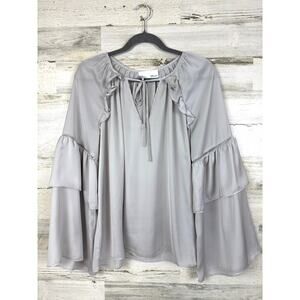 Fate Womens L Light Gray Boho oversized Flare-Sleeve Silky Blouse Ruffle Top